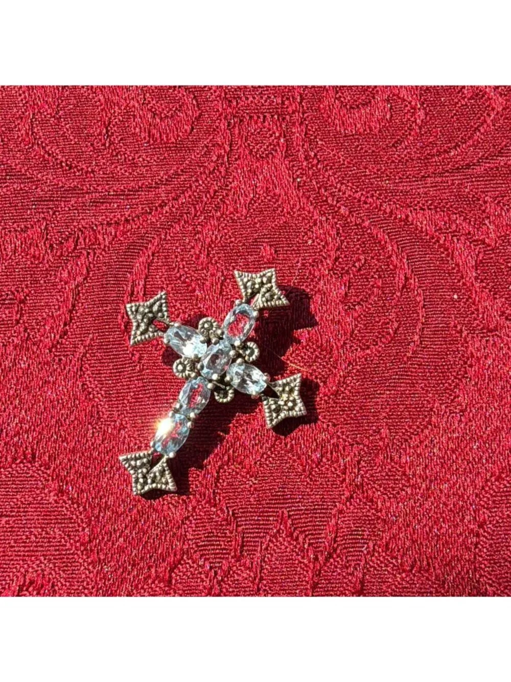 Vintage 925 Sterling Silver Blue Topaz Marcasite Cross Pendant Maltese Charm